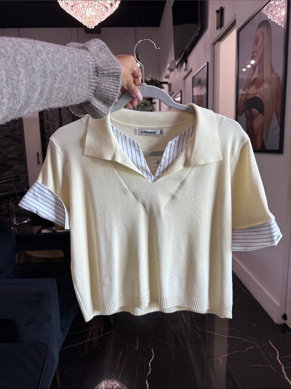 Dreamers Pale Yellow Knit Polo with Striped Sleeve Trim